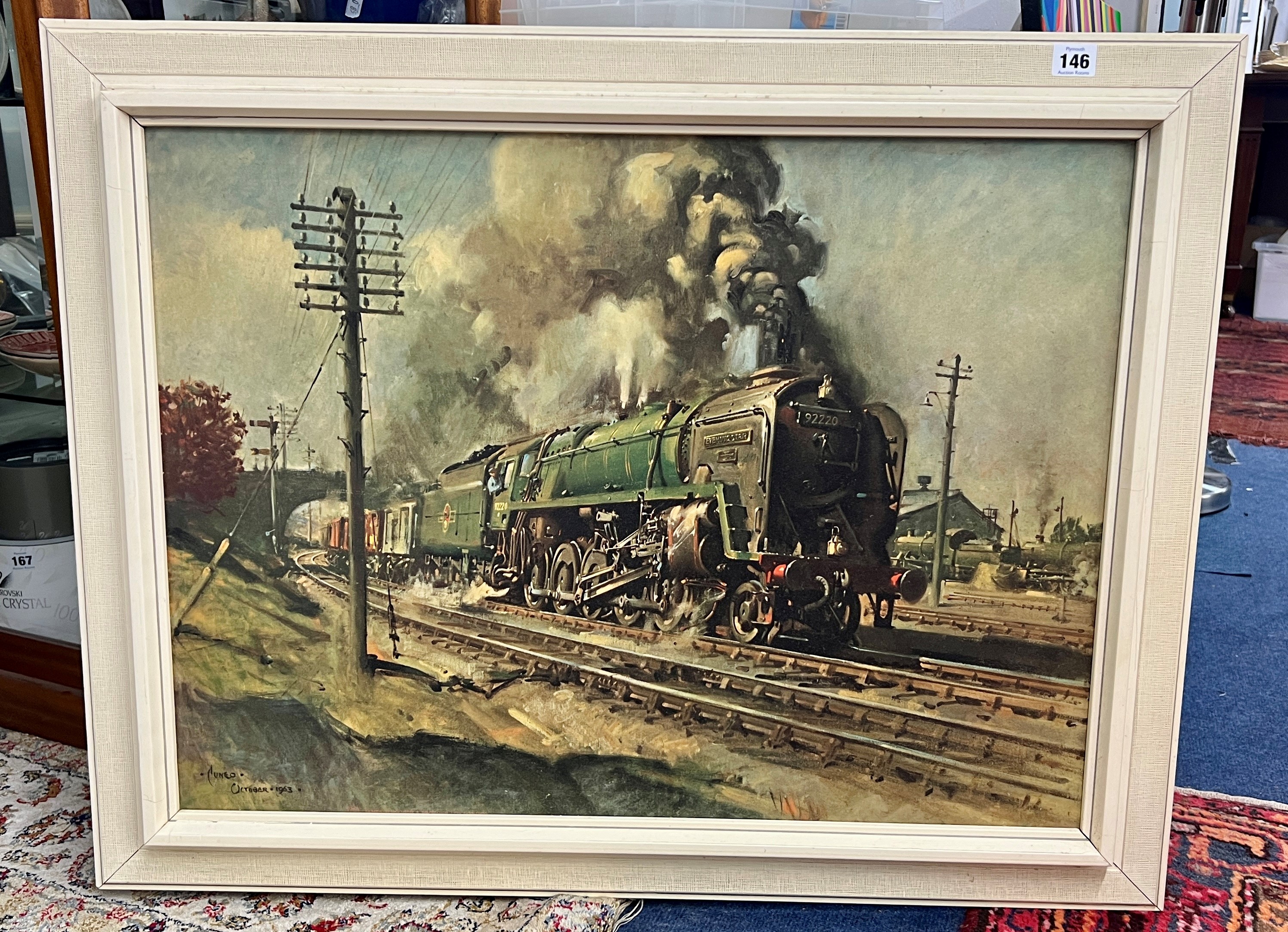 After Terrence Cuneo, locomotive print on board, framed, overall size 69cm x 90cm.