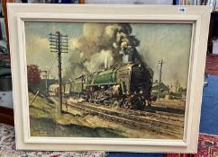 After Terrence Cuneo, locomotive print on board, framed, overall size 69cm x 90cm.