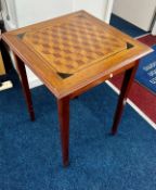 A mahogany parquetry inlaid table square occasional table, height 69cm.
