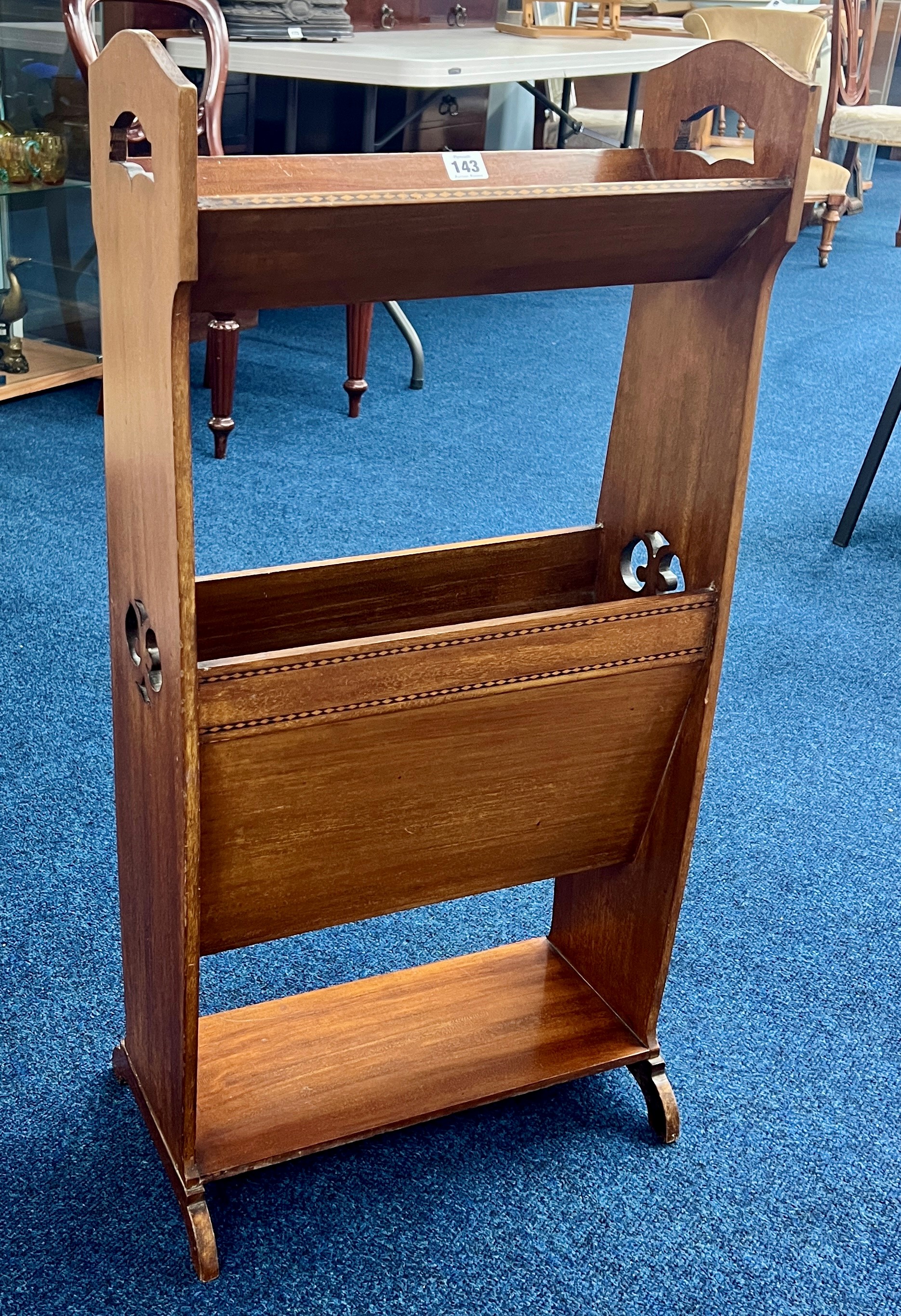 A mahogany and inlaid free standing book and magazine tidy, height 86cm