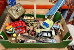 A collection of mixed collectables including Murano glass clowns, steam rocket, model toys etc.