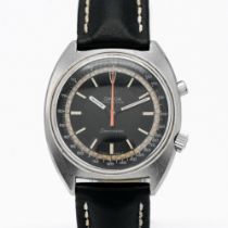 Omega, a gents Seamaster 'Jumbo' Chronostop manual wind wristwatch, black silver baton dial with