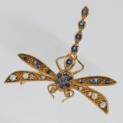 A rare dragonfly brooch, set with sapphires and diamonds, set on 9ct yellow gold, length 38cm.