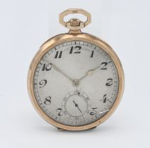 A 9ct gold mechanical wind open face pocket watch, silver Arabic dial with seconds at six,