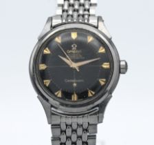 Omega, a gents 1950's Constellation Chronometer wristwatch, classic 'Pie Pan', black/gold baton