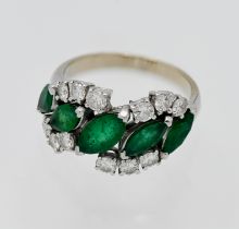 An impressive five stone emerald and diamond abstract ring, white gold set (no hallmark), 5 x