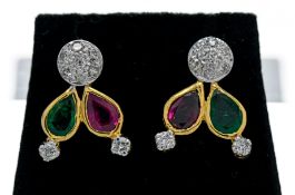 A pair of fancy ruby, emerald and diamond earrings.