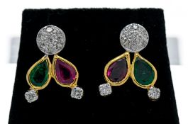 A pair of fancy ruby, emerald and diamond earrings.