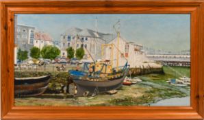D.Welch, oil on board 'Sutton Harbour, The Barbican' signed, 31cm x 59cm, framed.