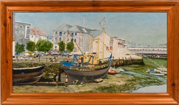 D.Welch, oil on board 'Sutton Harbour, The Barbican' signed, 31cm x 59cm, framed.