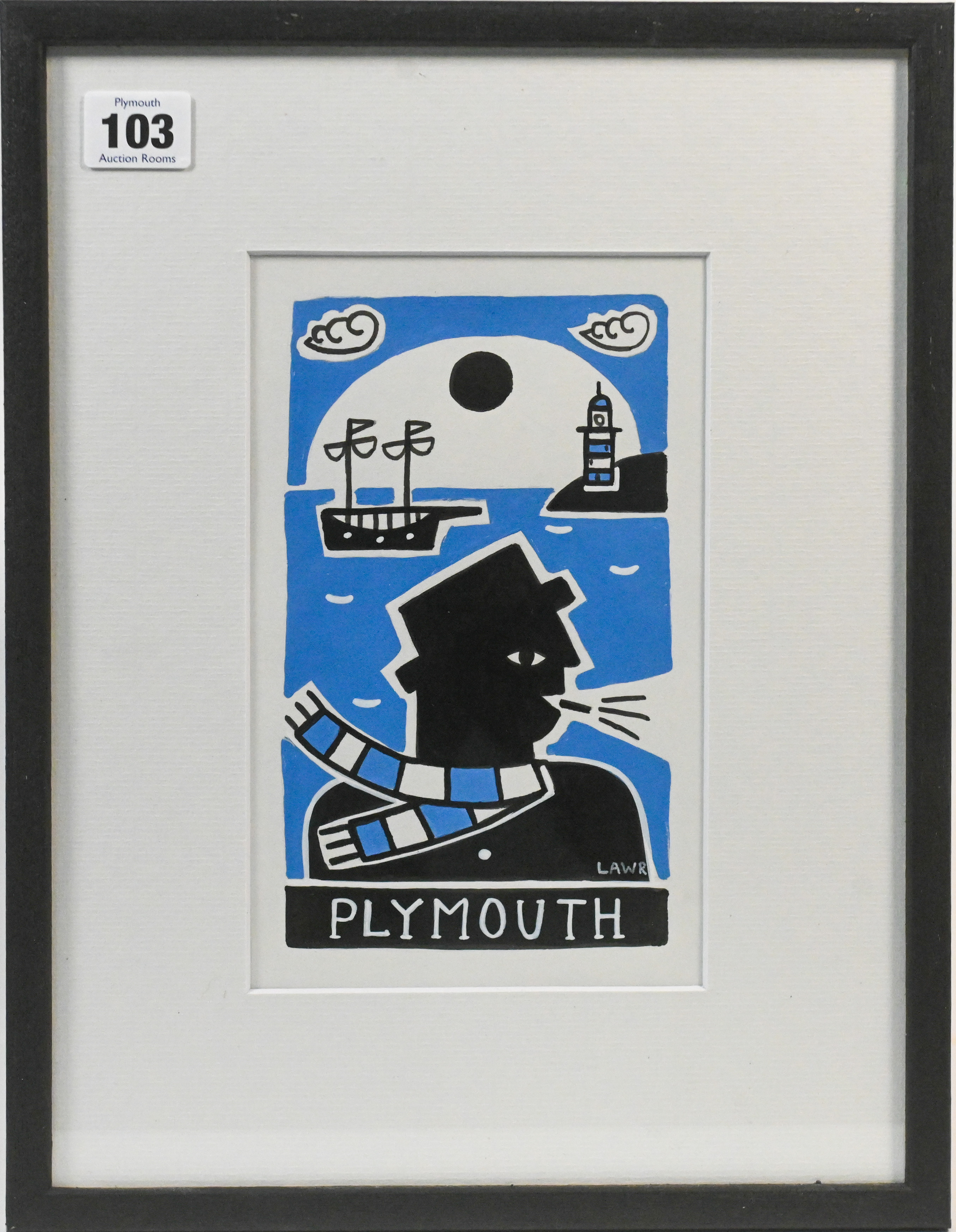 Arth Lawr, 'Plymouth Lad' dated 2023, ink and paint on paper, signed, 19.5cm x 11cm, framed and