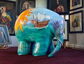 An Elmer Elephant, 'Compass Rosie' painted by Anne-Marie Byrne, height approx 110cm. Anne-Marie is a