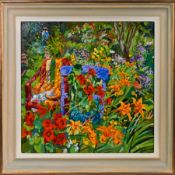 Mary Martin (Cornish b1951-) 'Sunlit Garden with Nasturtiums', oil on board, Exhibition Cornwall's