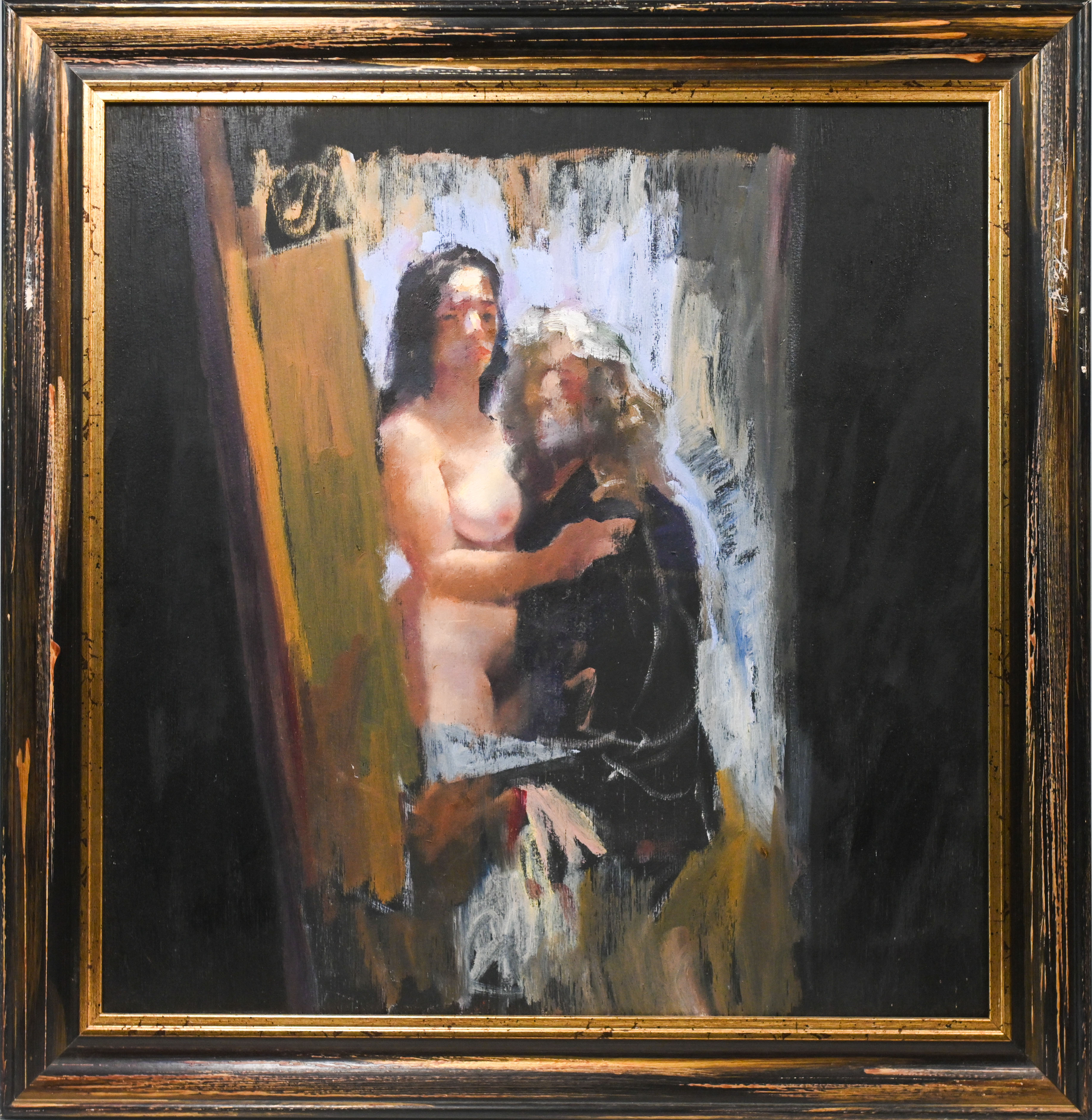 Robert Lenkiewicz (1941-2002), 'Painter with Brunette Model, Standing', oil on board, framed, (