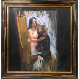 Robert Lenkiewicz (1941-2002), 'Painter with Brunette Model, Standing', oil on board, framed, (