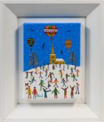 Brian Pollard, oil on canvas 'Skiers & Church', signed, 20cm x 15cm, framed.