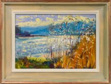 Mary Martin (Cornish b1951-) 'Winter River from Halton Reed Beds', oil on board, Exhibition