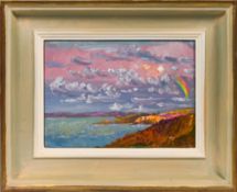 Mary Martin (Cornish b1951-) 'Rising Moon and Rainbow Towards Port Quin', oil on board, Exhibition