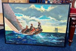 Phil Russell, acrylic on canvas 'Breezing Up' a copy of the original by Winslow Homer,