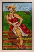 Richard Meyer, 'Andrea! Not Dressed Like That, Even In August' signed oil on board, 84cm x 51cm,