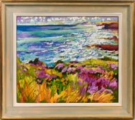 Mary Martin (Cornish b1951-), 'Heather and Surf - Widemouth Bay', oil on board, sold at the