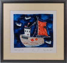 A mixed media picture 'Brown Sail Boat' signed (indistinctly), 27cm x 32cm, framed and glazed.