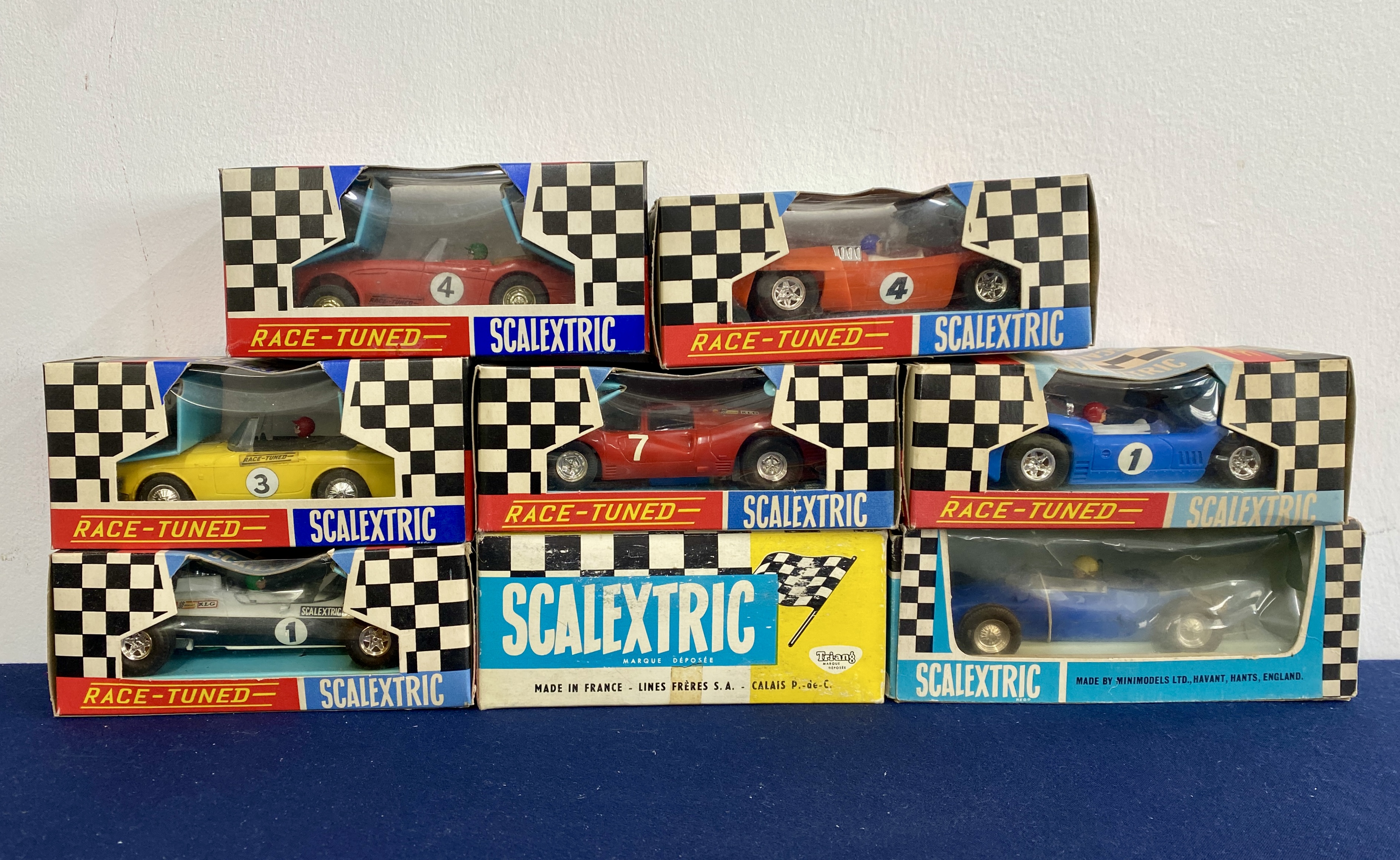 A collection of eight Scalextric cars. C/62 Ferrari, C4 Electra, C3 Javelin, C19 Team car, C/83