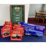 A collection of various items. Scalextric T45 Team Roadtrain Leyland Trucks, six Coco-Cola die-
