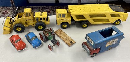 A collection of large vintage metal Tonka toys including a car Transporter (Approx 82cm Long)