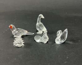 Swarovski Crystal Glass, a small collection of five pieces including Parrot, Dove etc, boxed.