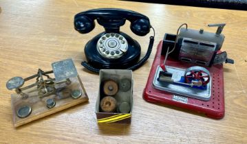 A Mamod steam traction model, a black telephone together with scales and weights (3).