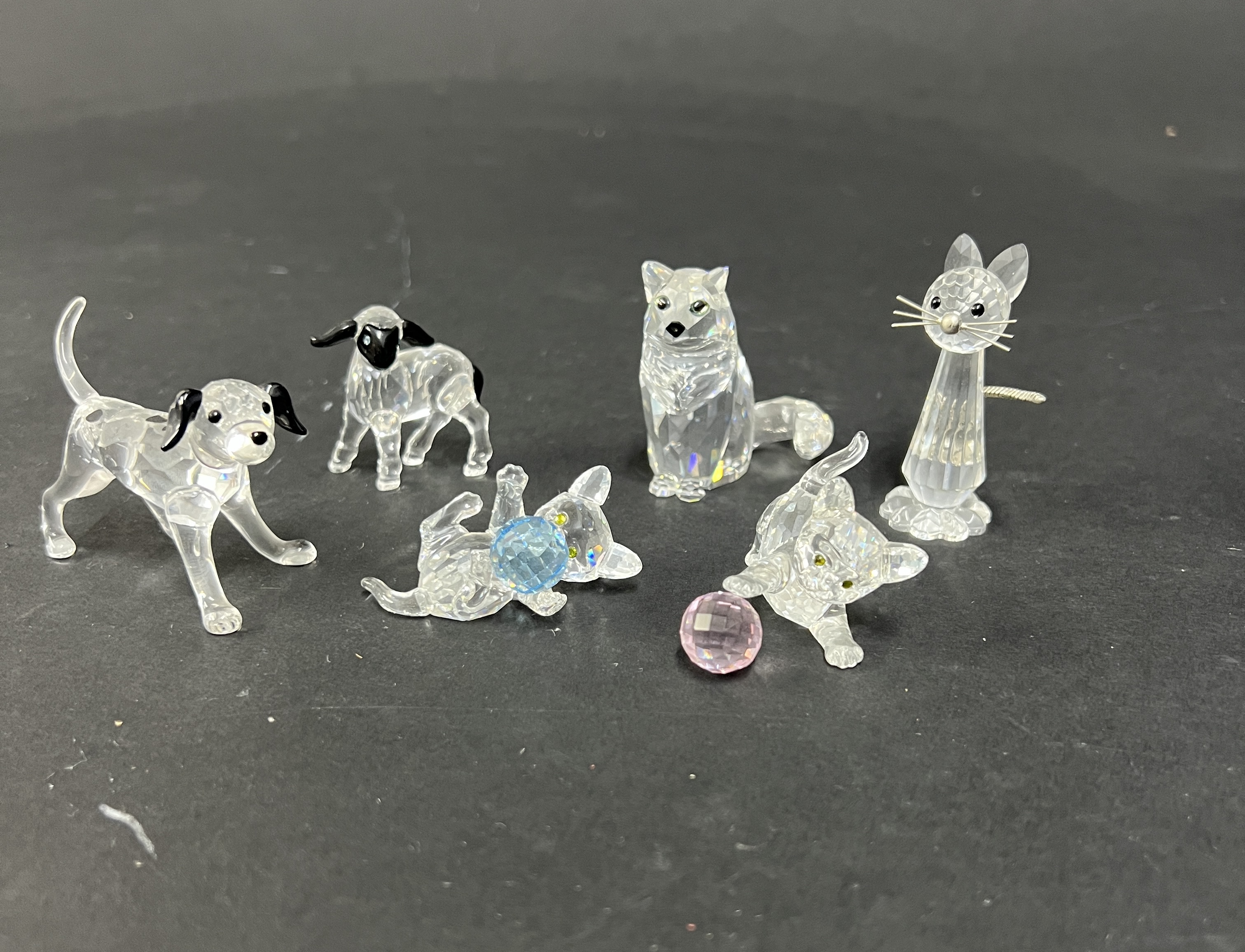 Swarovski Crystal Glass, six pieces including Lamb, Dalmatian Puppy, Kitten with Pink Ball etc,