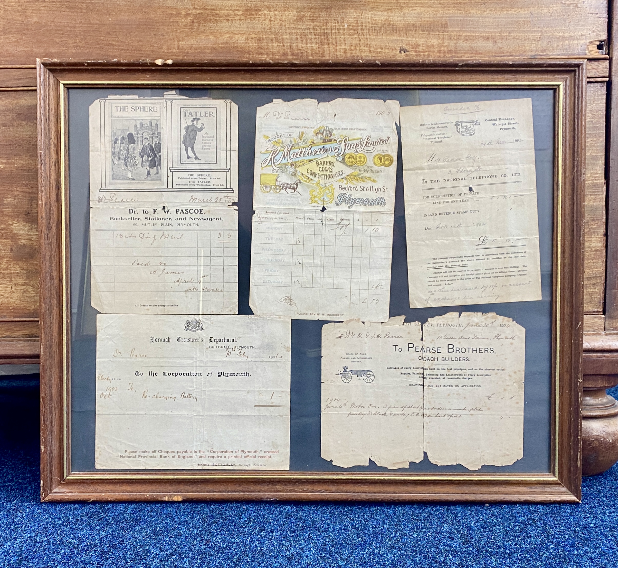 An interesting framed collection of old Plymouth receipts circa 1900 together with WWII blue - Image 2 of 2