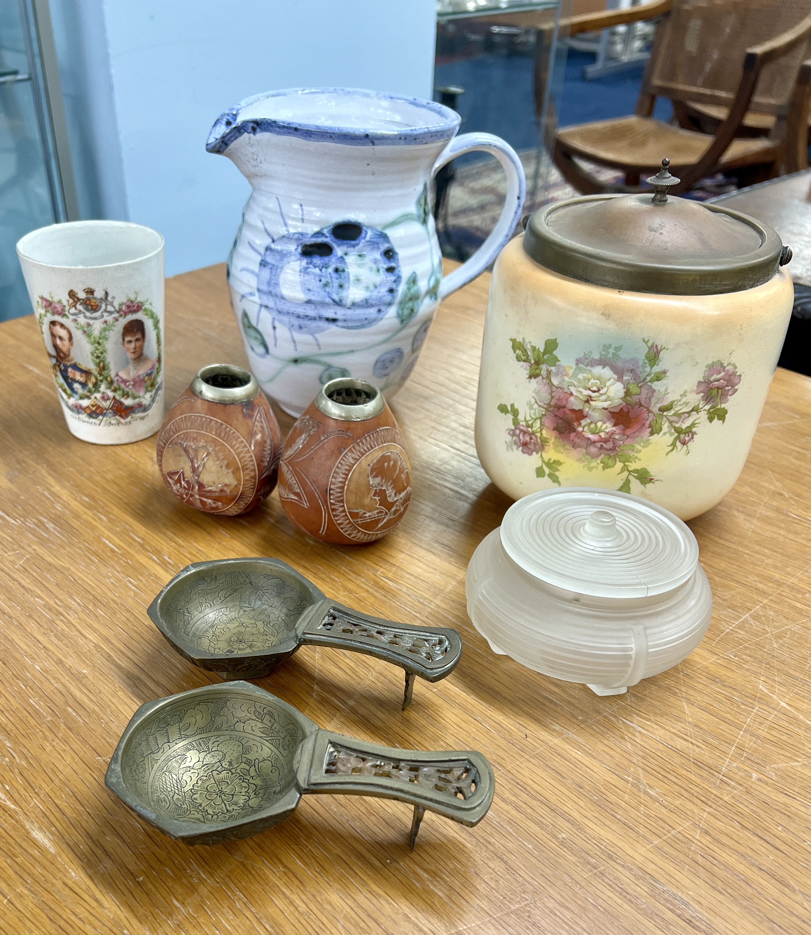 A small collection of chinawares to include frosted glass powder box