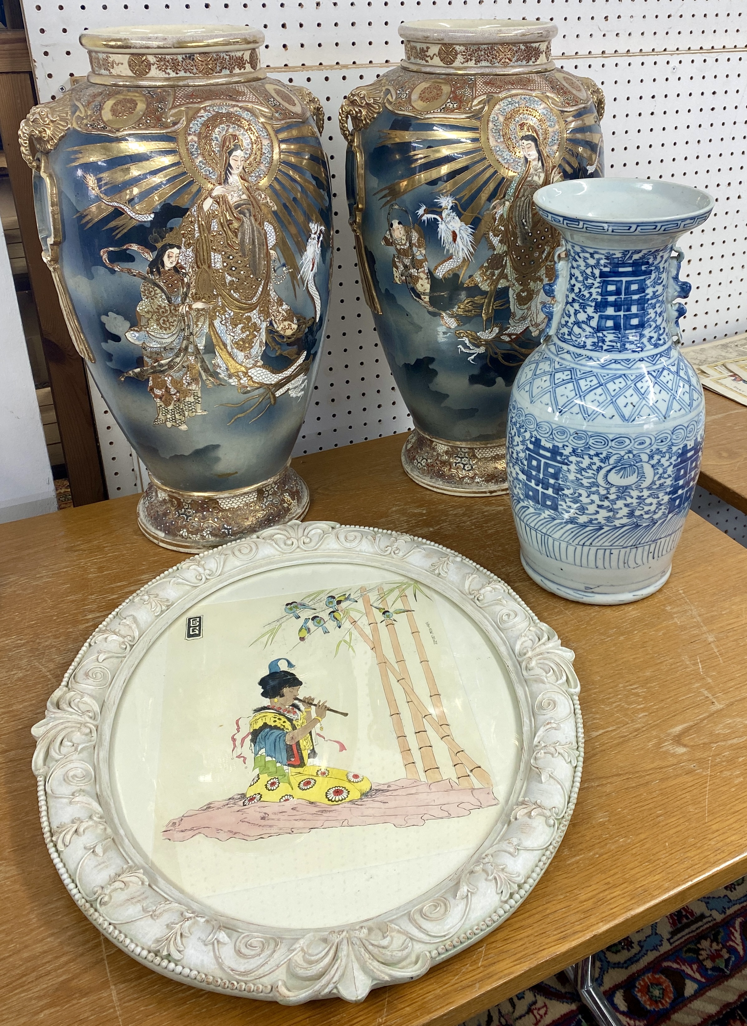 A pair of large reproduction Japanese vases, 58cm together with a replica Chinese blue and white
