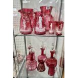 Collection of 19th century and later Cranberry glass including jugs and decanters (13)