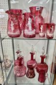 Collection of 19th century and later Cranberry glass including jugs and decanters (13)