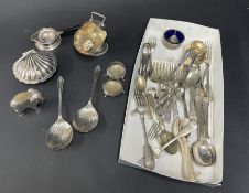 A collection of silver plated wares to include flatware's, table salts, pin cushion in form of an