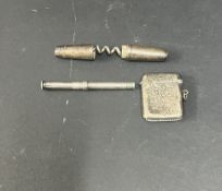 A Samuel Mordan & Co propelling pencil, silver vesta and a cork screw (3).