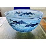 A modern art, large glass bowl decorated with dolphins. Diameter 31cm