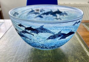 A modern art, large glass bowl decorated with dolphins. Diameter 31cm
