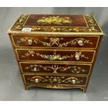 An antique miniature chest fitted with four drawers. Decorated with flowers & portraits of Italian