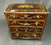 An antique miniature chest fitted with four drawers. Decorated with flowers & portraits of Italian