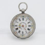 A Victorian silver, pretty enamel fob watch with key wind movement (marked F.M)