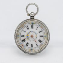 A Victorian silver, pretty enamel fob watch with key wind movement (marked F.M)