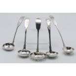 Four Victorian Exeter silver small ladles, total weight 4.59oz, and one other not hallmarked. (5)