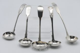 Four Victorian Exeter silver small ladles, total weight 4.59oz, and one other not hallmarked. (5)
