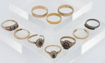 A collection of seven 9ct gold dress rings and a pair of 9ct gold earrings, approx. 16.78g and a