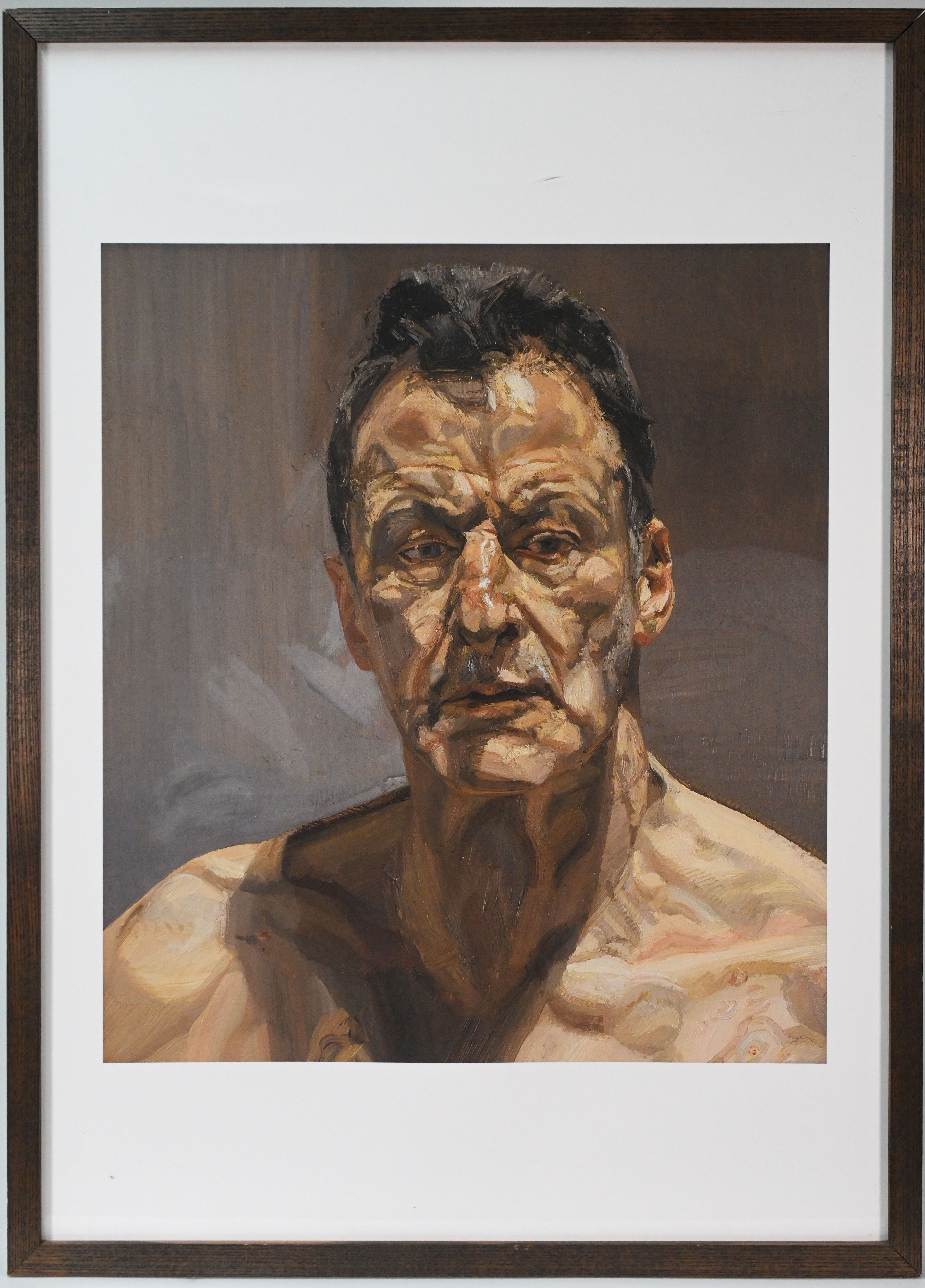 A print, depicting Lucian Freud. 57cm x 47cm.