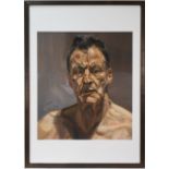 A print, depicting Lucian Freud. 57cm x 47cm.